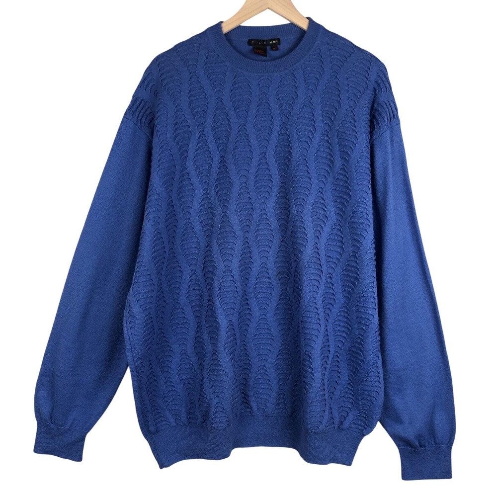 VTG TULLIANO‎ Wool Blend Sweater Men's 2XT Blue Textured Knit Crew Neck Preppy